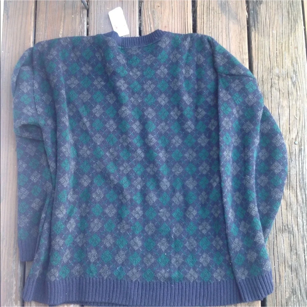 Tony Lambert Navy Blue Gray Argyle Cotton Sweater Sz L Crewneck Vintage 80s USA